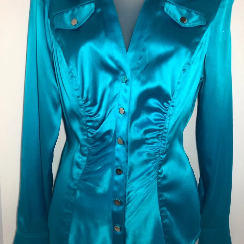 Cache Blue Ruched Notched Collar Blouse - Picture 2 of 5